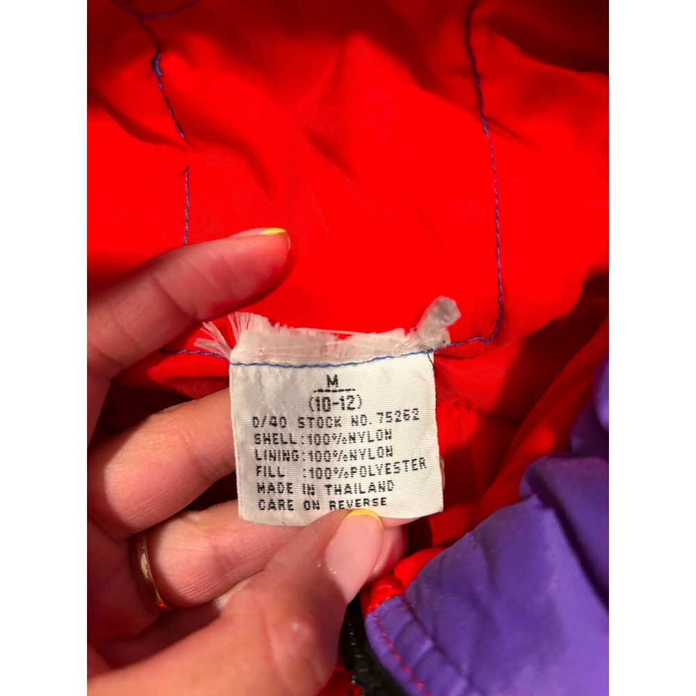 Vintage Kids M 10-12 Colorblock Ski Jacket Red Purple Green Retro 90s Puffer - Picture 3 of 12